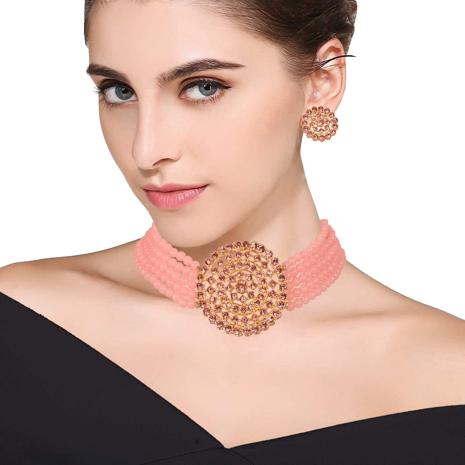 Touchstone Indian Bollywood Traditional Rhinestone Kundan Polki Faux Pearls Colorful Beads Strings Designer Jewelry Choker Necklace Set in Antique and Gold Tone for Women. - Image 2